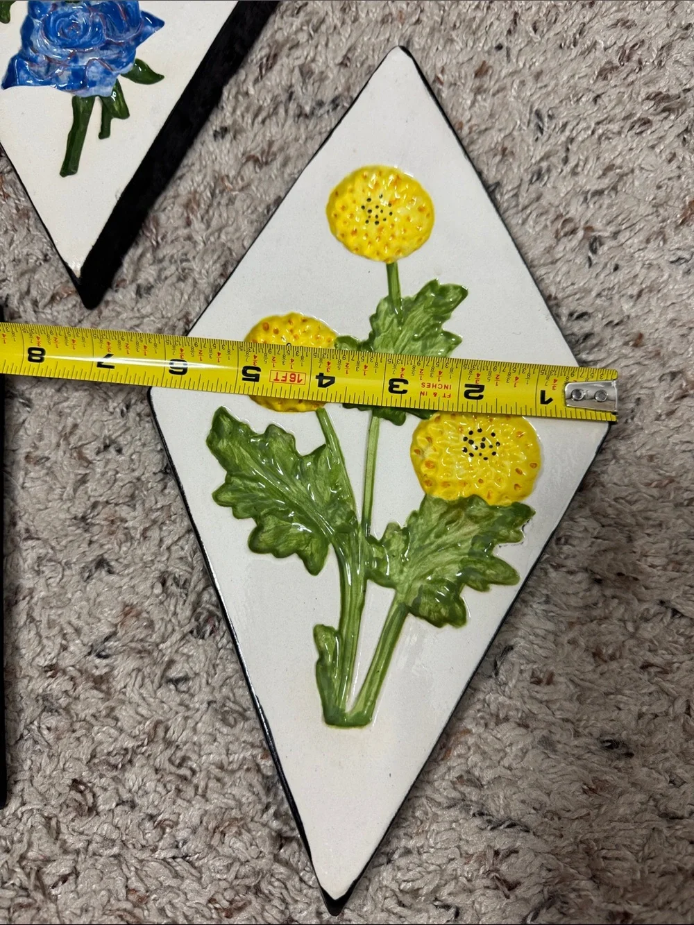 Vintage ceramic floral wall decor diamond set of 3